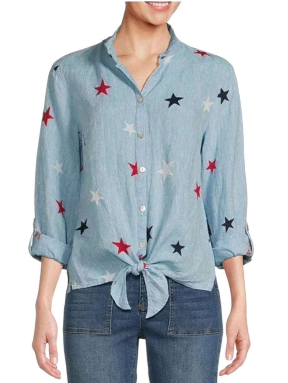 John Mark Light Blue Star-Print Linen Tie-Front Button Shirt Size Medium